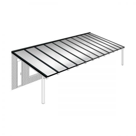 Polycarbonaat kanaalplaten dak helder compleet, aan muur, breedte tot 12,06 m x diepte tot 3,5 m. Profielen zwart