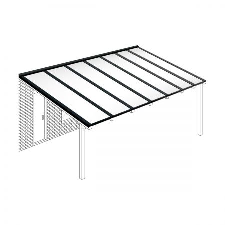 Polycarbonaat kanaalplaten dak opaal wit compleet, aan muur, breedte tot 7,06 m x diepte tot 3,5 m. Profielen zwart