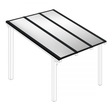 Polycarbonaat kanaalplaten dak helder compleet, vrijstaand, breedte tot 3,06 m x diepte tot 4,5 m. Profielen zwart