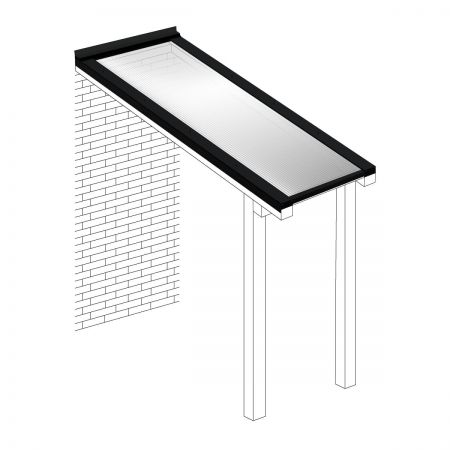 Polycarbonaat kanaalplaten dak opaal wit compleet, aan muur, breedte tot 1,06 m x diepte tot 3 m. Profielen zwart