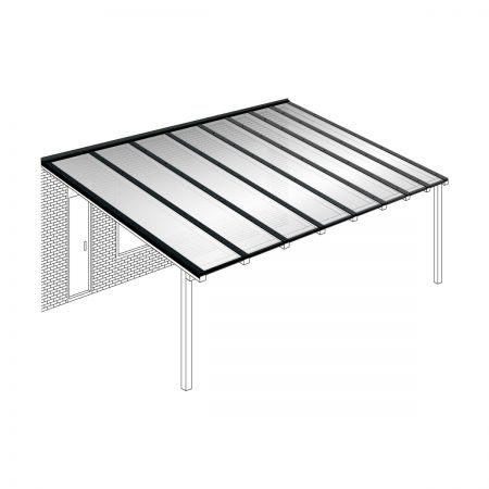 Polycarbonaat kanaalplaten dak helder compleet, aan muur, breedte tot 8,06 m x diepte tot 4,5 m. Profielen zwart